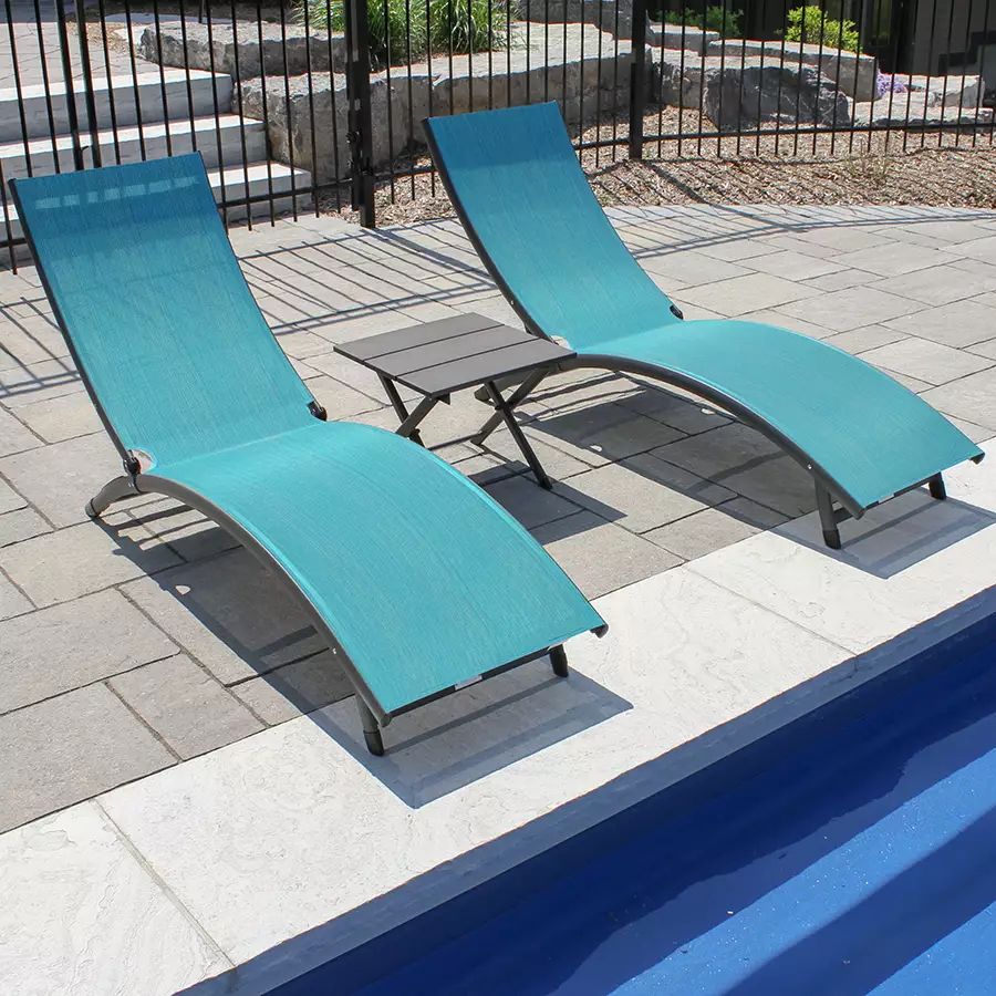 2 Chaise Lounge with Side Table Set Blue Hawaii