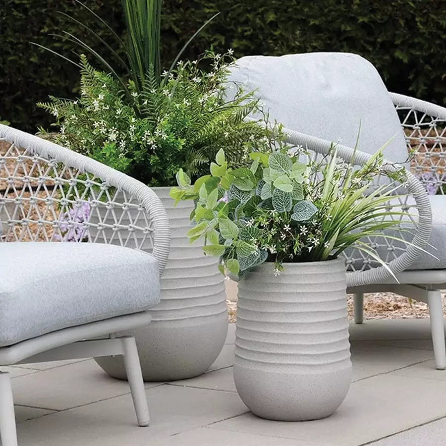 White Flower Arrangement With Grey Terrazzo Beige Pot, 28”