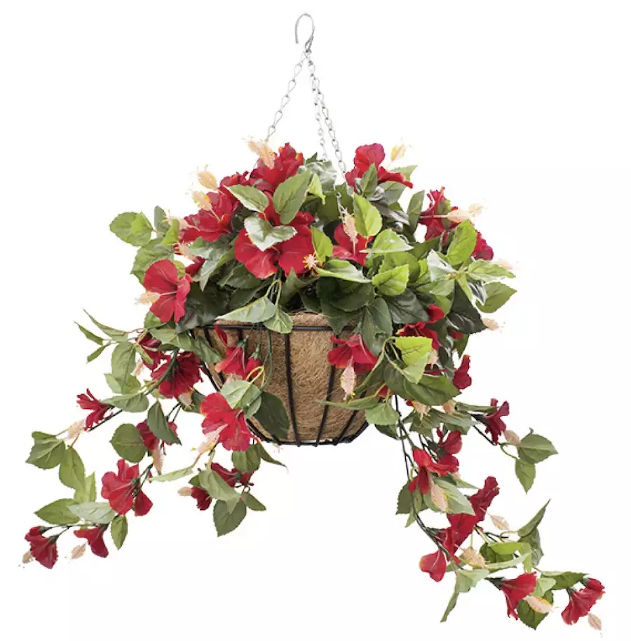 Red Hibiscus Outdoor Hanging Flower Basket, 24" x 22"