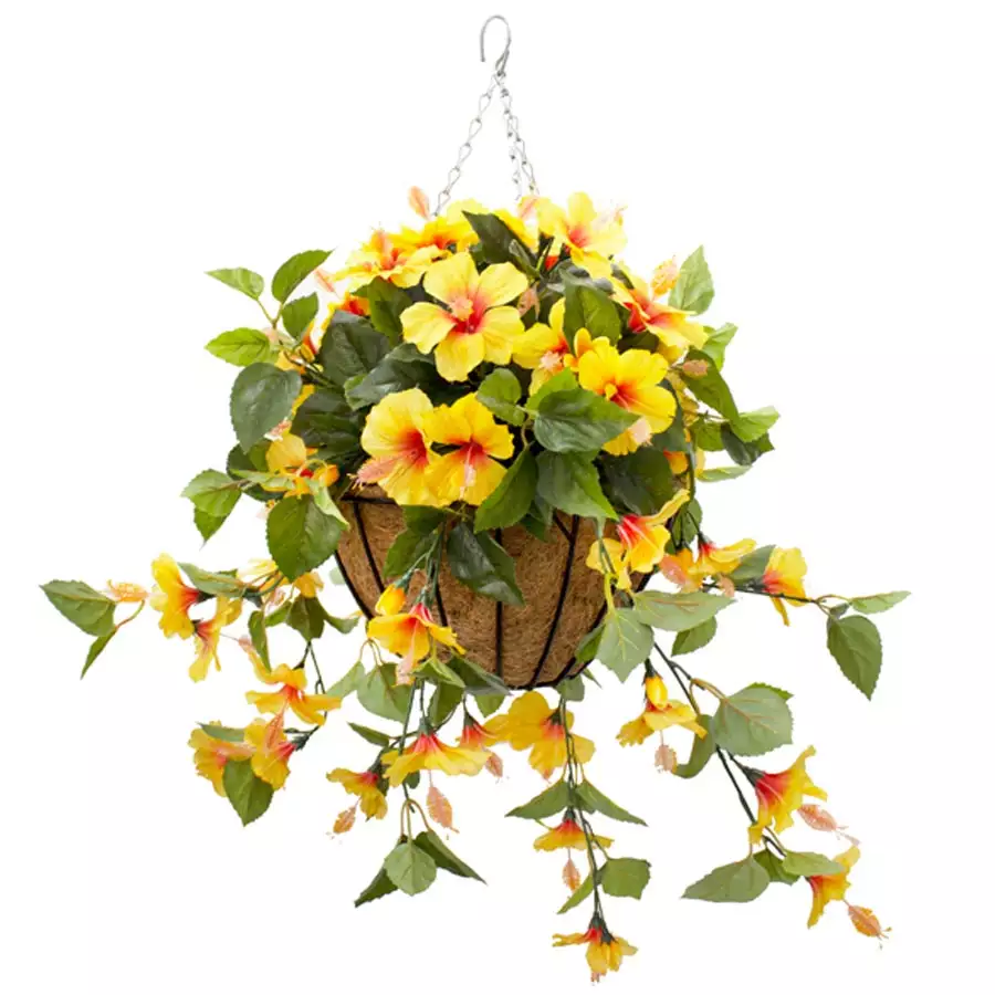Yellow Hibiscus Outdoor Hanging Flower Basket, 24" x 22"