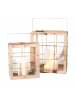 2 Lantern Wood with Green Wire Frame Set