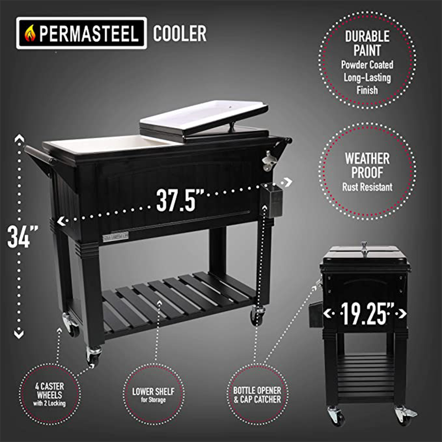 80qt Permasteel Cooler Furniture Style with Wheels and Shelf Black