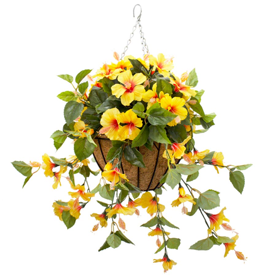 Hanging Basket Yellow Hibiscus Flowers - Outdoor Artificial Plants 