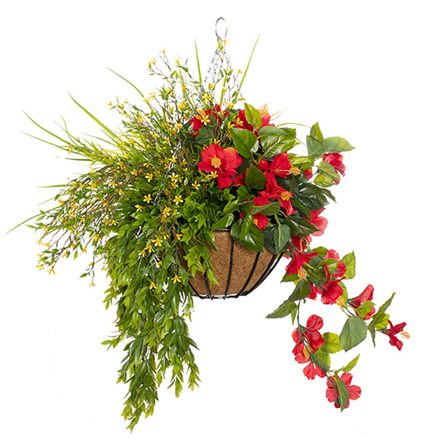 Hanging Basket Red Hibiscus With Yellow Flowers & Foliage Outdoor