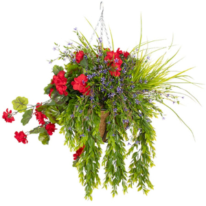 Hanging Basket Red Geraniums With Purple Flowers & Foliage